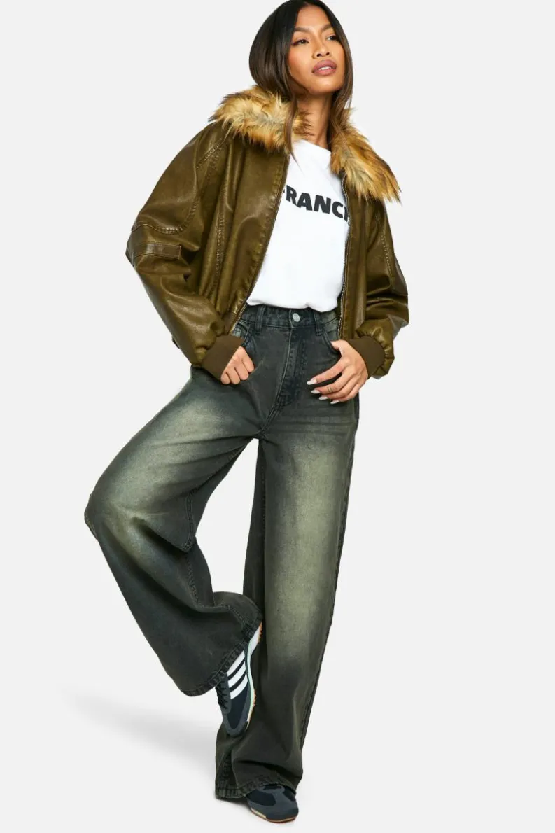 Up To 80% Off Winter Warmers|Bomber Jackets*boohoo Faux Fur Collar Vintage Look Faux Leather Bomber Jacket brown