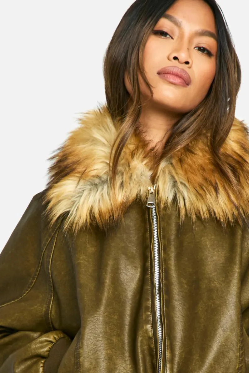 Up To 80% Off Winter Warmers|Bomber Jackets*boohoo Faux Fur Collar Vintage Look Faux Leather Bomber Jacket brown