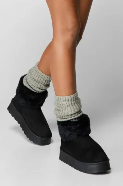 Ankle Boots*NastyGal Faux Fur Platform Mini Ankle Boots black