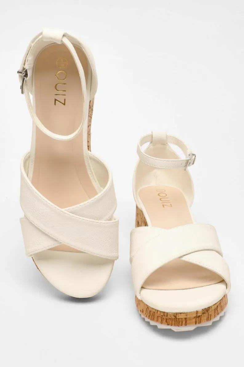 Sandals*Quiz Faux Leather Cross Strap Low Wedges White