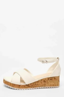 Sandals*Quiz Faux Leather Cross Strap Low Wedges White