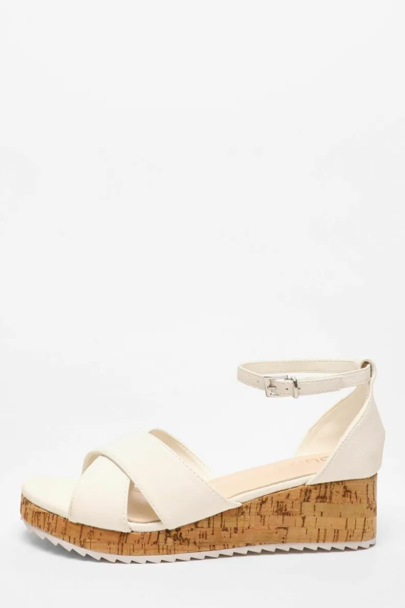 Sandals*Quiz Faux Leather Cross Strap Low Wedges White