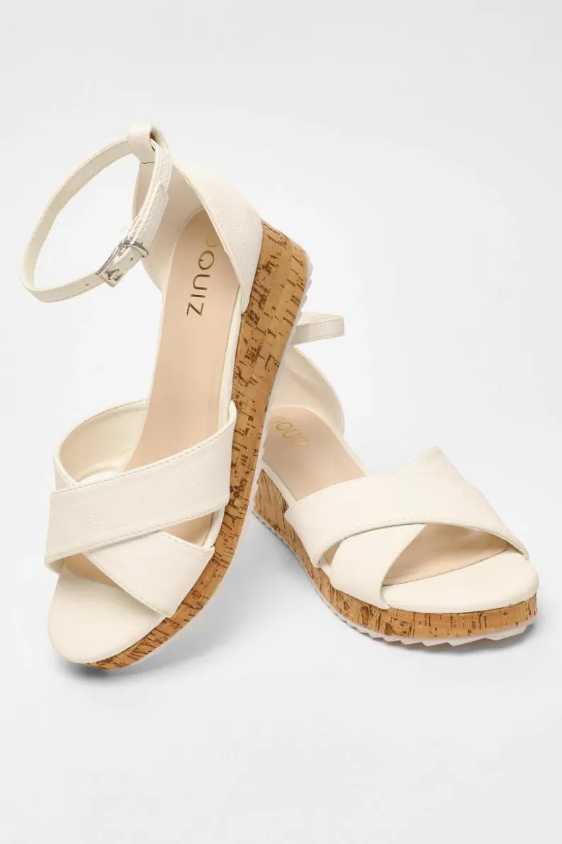 Sandals*Quiz Faux Leather Cross Strap Low Wedges White