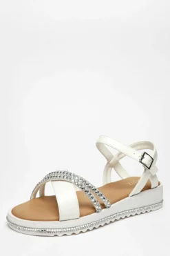 Sandals*Quiz Faux Leather Diamante Cross Strap Sandals White