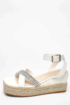 Sandals*Quiz Faux Leather Diamante Woven Wedges White