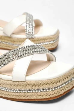Sandals*Quiz Faux Leather Diamante Woven Wedges White