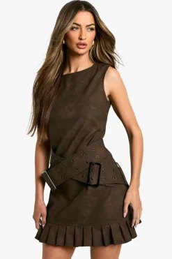 Mini Dresses|Dresses*boohoo Faux Leather Double Belt Mini Dress brown