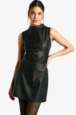 Mini Dresses*boohoo Faux Leather High Neck Mini Dress black
