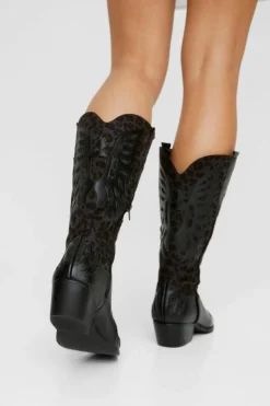 Cowboy Boots*NastyGal Faux Leather Leopard Print Knee High Western black