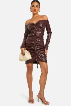 Bodycon Dresses*boohoo Faux Leather Ruched Mini Dress chocolate