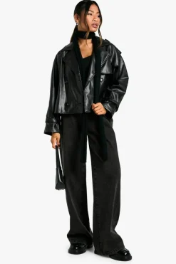 Up To 80% Off Winter Warmers|Trench Coats*boohoo Faux Leather Short Trench Coat black