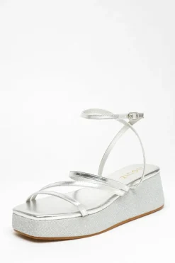 Sandals*Quiz Faux Leather Strappy Flatform Sandals Silver