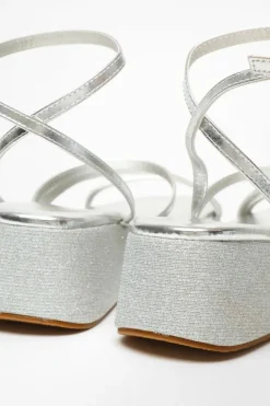 Sandals*Quiz Faux Leather Strappy Flatform Sandals Silver