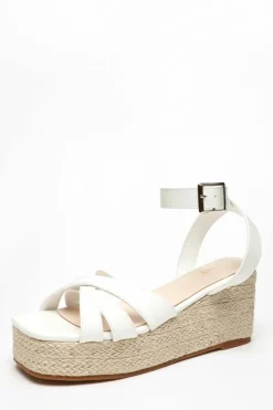 Sandals*Quiz Faux Leather Strappy Woven Wedges White