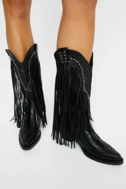Cowboy Boots*NastyGal Faux Leather Tassel Studded Western Boots black