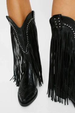 Cowboy Boots*NastyGal Faux Leather Tassel Studded Western Boots black