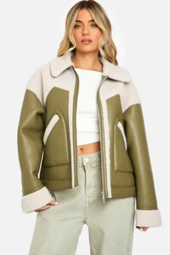 Up To 80% Off Winter Warmers|Aviator Jackets*boohoo Faux Leather Teddy Trim Aviator Jacket sage