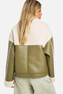 Up To 80% Off Winter Warmers|Aviator Jackets*boohoo Faux Leather Teddy Trim Aviator Jacket sage