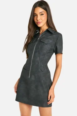 Mini Dresses*boohoo Faux Leather Zip Mini Dress washed black
