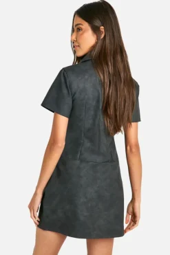 Mini Dresses*boohoo Faux Leather Zip Mini Dress washed black