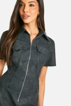 Mini Dresses*boohoo Faux Leather Zip Mini Dress washed black