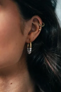 Earrings*SVNX Faux Pearl with Trim Double Hoop Earrings Gold