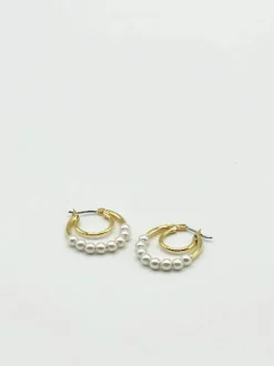 Earrings*SVNX Faux Pearl with Trim Double Hoop Earrings Gold