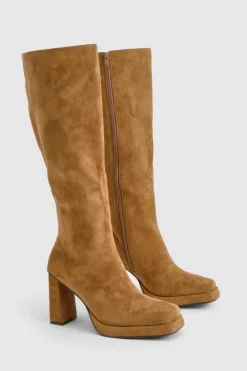 Heels|Over The Knee Boots*boohoo Faux Suede Block Heel Platform Knee High Boots taupe