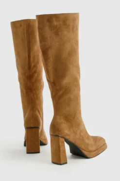 Heels|Over The Knee Boots*boohoo Faux Suede Block Heel Platform Knee High Boots taupe