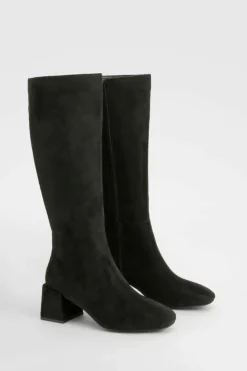 Heels|Over The Knee Boots*boohoo Faux Suede Block Heeled Knee High Boot black