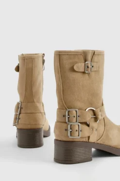 Biker Boots|All Boots*boohoo Faux Suede Buckle Detail Boot khaki
