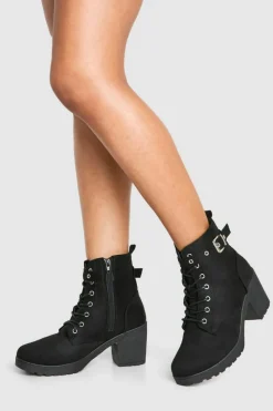 Chunky Boots|Biker Boots*boohoo Faux Suede Buckle Lace Up Chunky Hiker Boots black