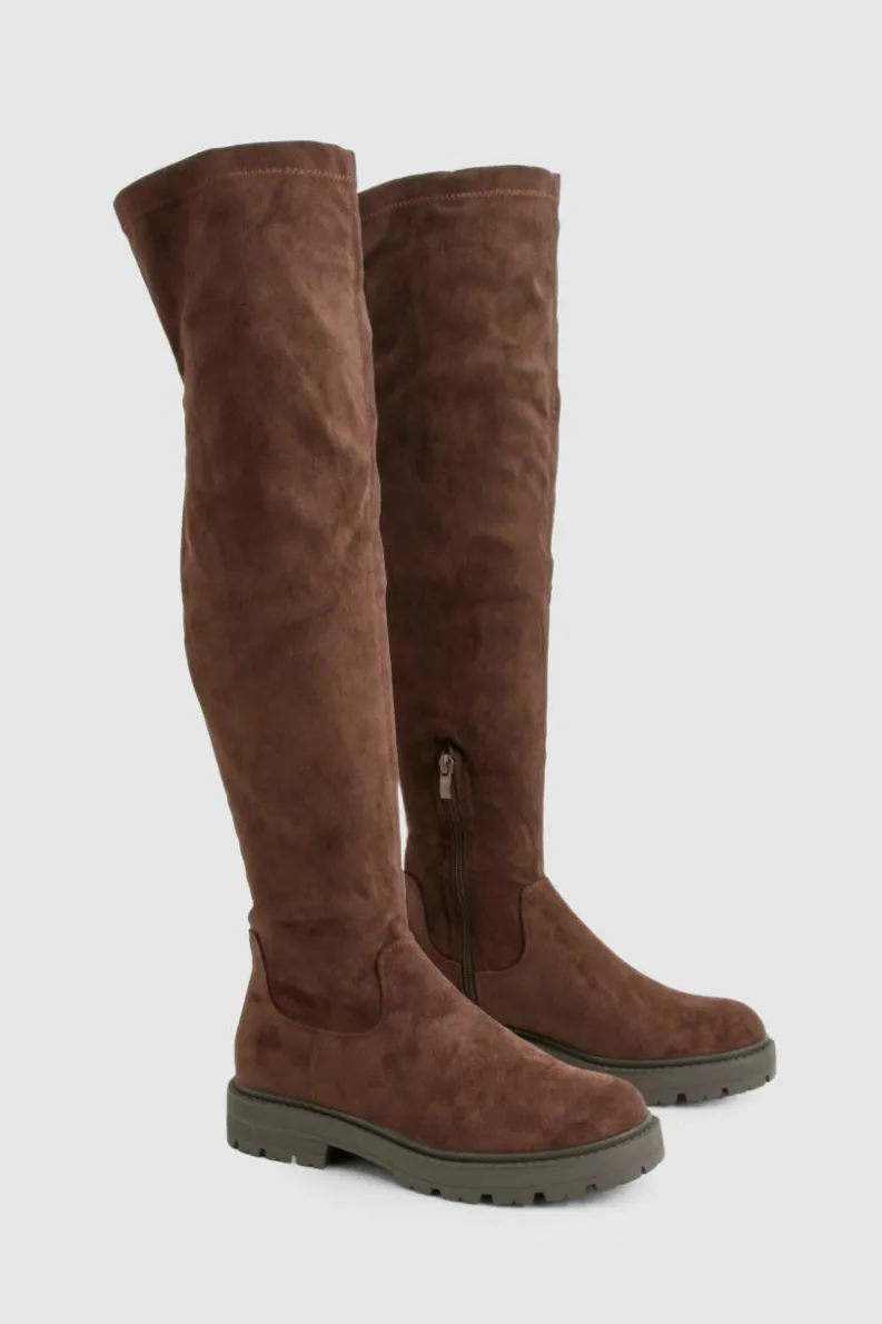 Over The Knee Boots|Knee High Boots*boohoo Faux Suede Chunky Knee High Boots chocolate