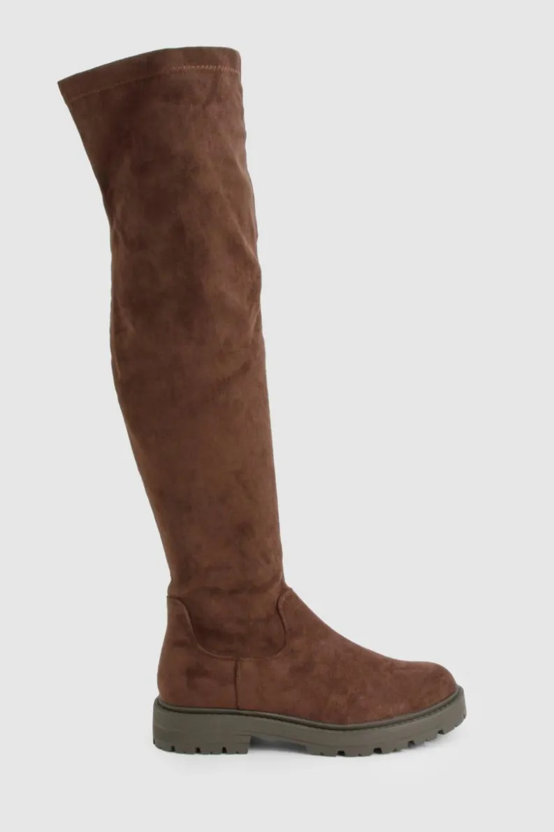 Over The Knee Boots|Knee High Boots*boohoo Faux Suede Chunky Knee High Boots chocolate