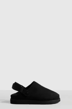 Flats*boohoo Faux Suede Chunky Slingback Closed Toe Clogs black