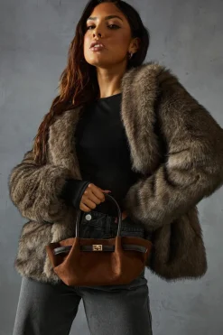 Shoulder Bags*MissPap Faux Suede Detail Mini Grab Bag chocolate