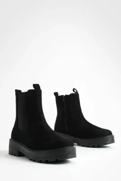Chunky Boots|All Boots*boohoo Faux Suede Double Tab Detail Chunky Chelsea Boots black
