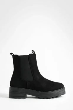 Chunky Boots|All Boots*boohoo Faux Suede Double Tab Detail Chunky Chelsea Boots black