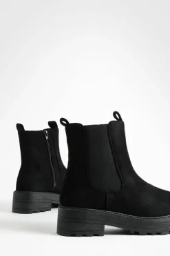 Chunky Boots|All Boots*boohoo Faux Suede Double Tab Detail Chunky Chelsea Boots black