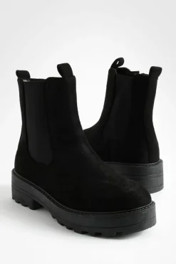 Chunky Boots|All Boots*boohoo Faux Suede Double Tab Detail Chunky Chelsea Boots black