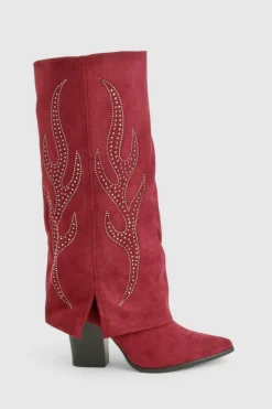 Cowboy Boots|All Boots*boohoo Faux Suede Embellished Foldover Boots wine