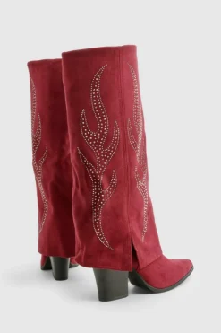 Cowboy Boots|All Boots*boohoo Faux Suede Embellished Foldover Boots wine