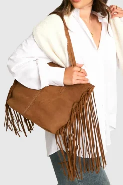 Shoulder Bags|Handbags*boohoo Faux Suede Fringed Shopper Tote Bag tan