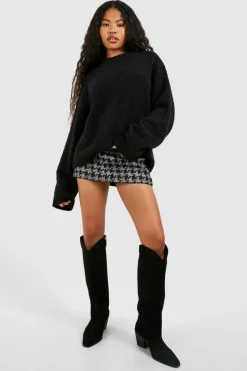 Knee High Boots|Cowboy Boots*boohoo Faux Suede Knee High Heeled Western Cowboy Boots black