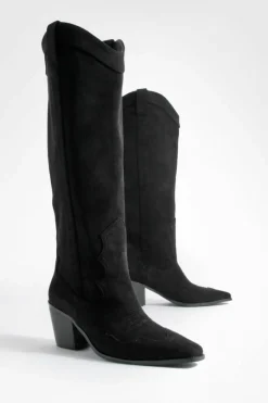 Knee High Boots|Cowboy Boots*boohoo Faux Suede Knee High Heeled Western Cowboy Boots black