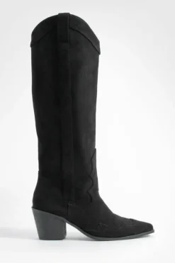 Knee High Boots|Cowboy Boots*boohoo Faux Suede Knee High Heeled Western Cowboy Boots black