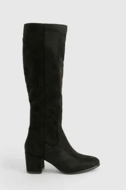 Heels|Over The Knee Boots*boohoo Faux Suede Low Block Pull On Knee High Boots black