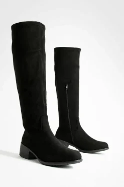 Over The Knee Boots|Knee High Boots*boohoo Faux Suede Oversized Leg Flat Knee High Boots black