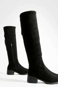 Over The Knee Boots|Knee High Boots*boohoo Faux Suede Oversized Leg Flat Knee High Boots black