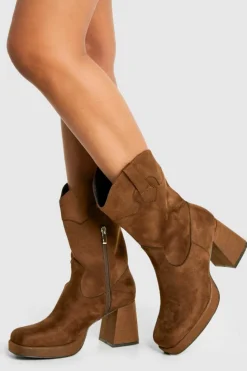 Heeled Boots|Ankle Boots*boohoo Faux Suede Platform Wooden Heel Detail Ankle Boot brown